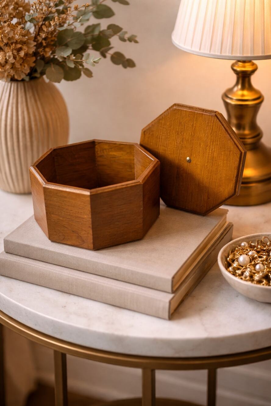 Vintage Octagonal Wooden Keepsake Box | Mid-Century Trinket Jar Vanity